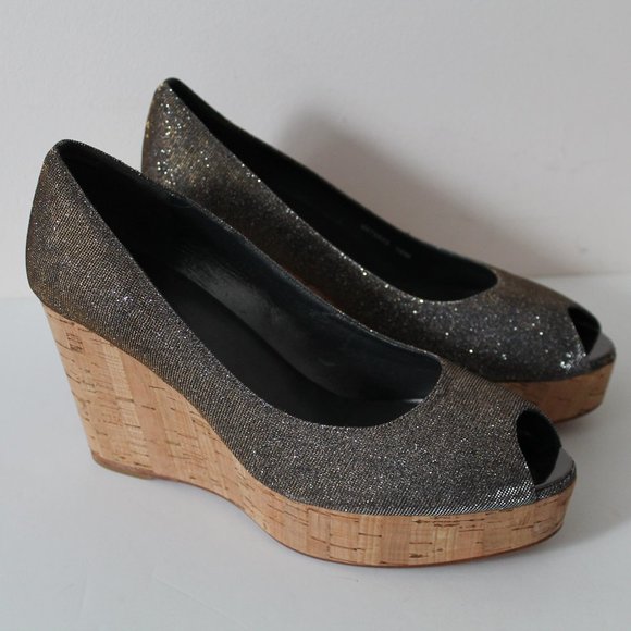 Stuart Weitzman Anna Corkswoon Platform Wedge Peep Toe Pumps Size 10 Pyritte - Picture 4 of 11